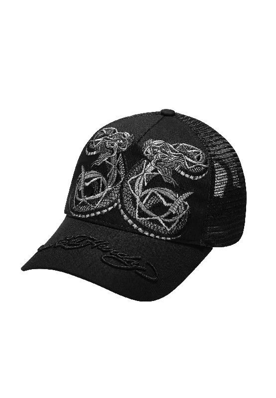 Unisex Duo Black Snake Twill Front Mesh Trucker - Black/Black