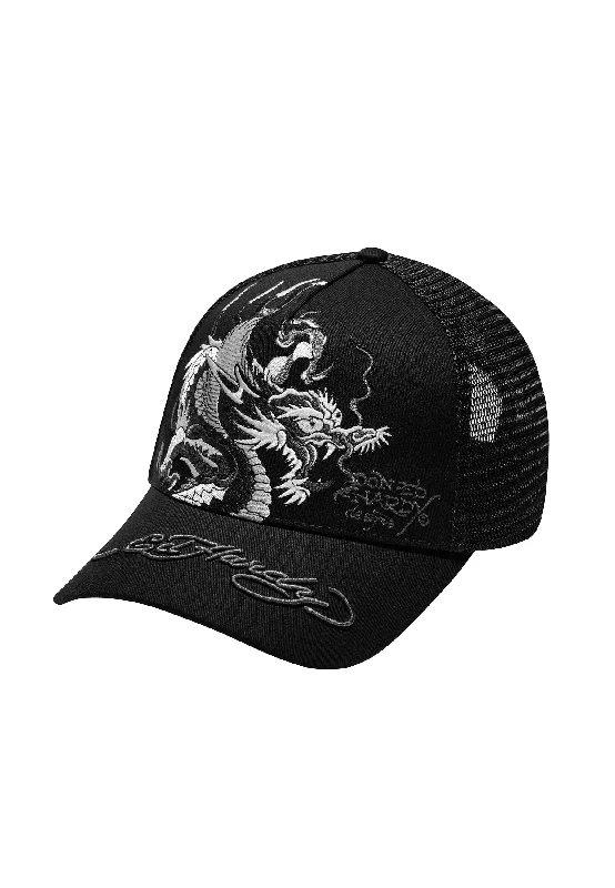 Unisex Mono Giant Dragon Twill Front Mesh Trucker - Black/Black