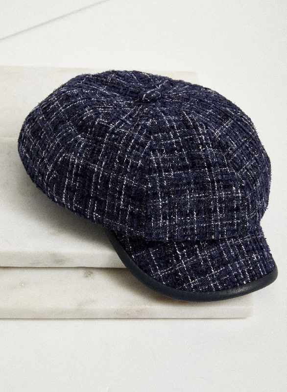 Vegan Leather Trim Tweed Cap