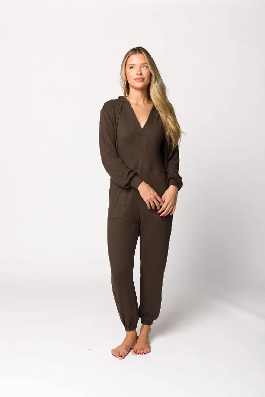 Lennon Brushed Lounge Jumpsuit with Hood in Dark Olive