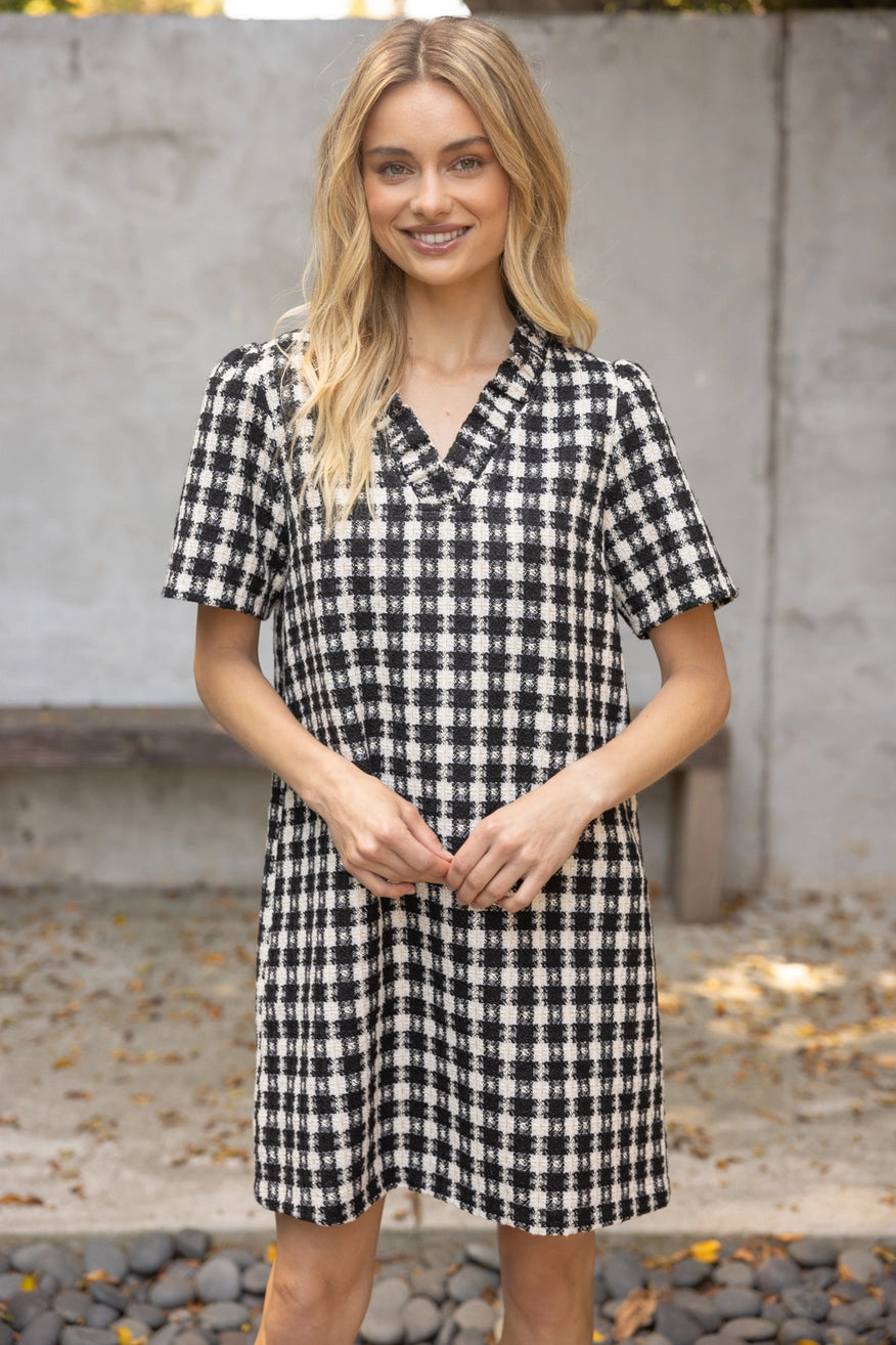 Plaid Tweed Ruffle Neckline Dress