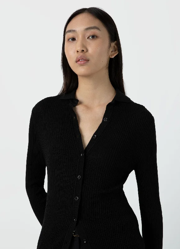 Women's Mulberry Silk Rib Cardigan in Black