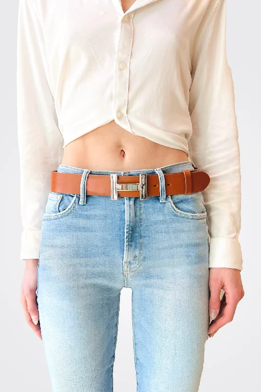 H Buckle Leather Belt - Cognac