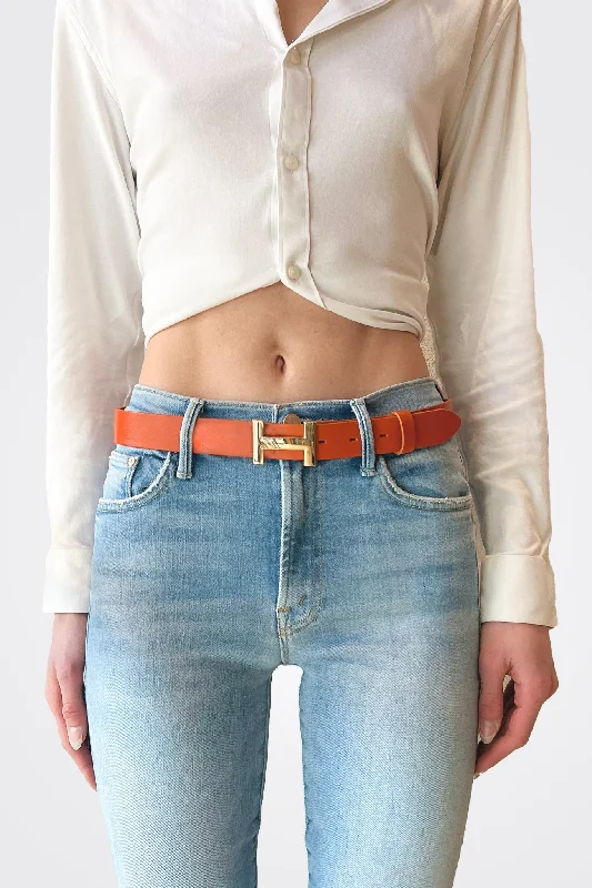 H Small Buckle Leather Belt - Orange