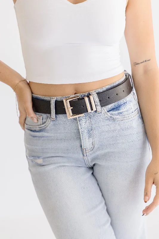 Julia Square Metal Buckle Vegan Leather Belt Black