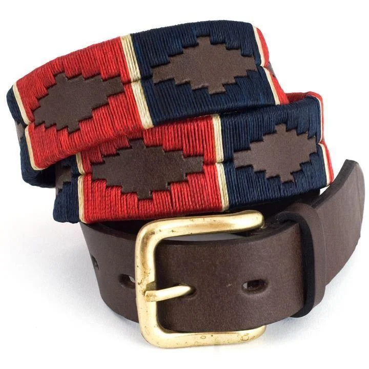 Pioneros Argentinian Gaucho Polo Leather Belt Brown in Navy Cream and Red