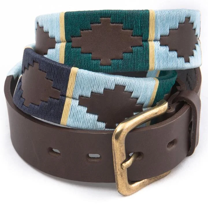 Pioneros Argentinian Gaucho Polo Leather Belt Brown in green, blue and navy