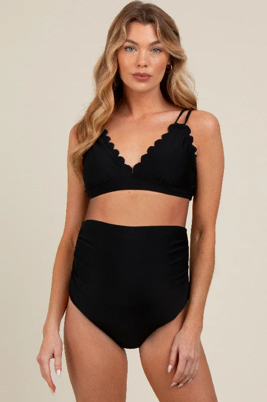 Black Scalloped V-Neck High Waist Two-Piece Maternity Swimsuit